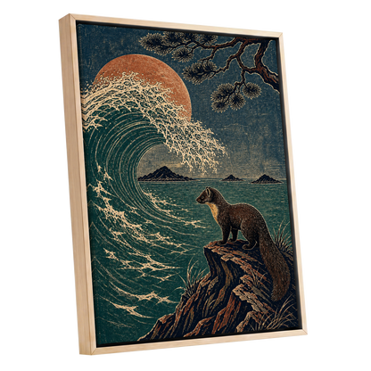 The Wave Watcher, blue, green, beige nature wall art shown as a oak framed canvas wall art
