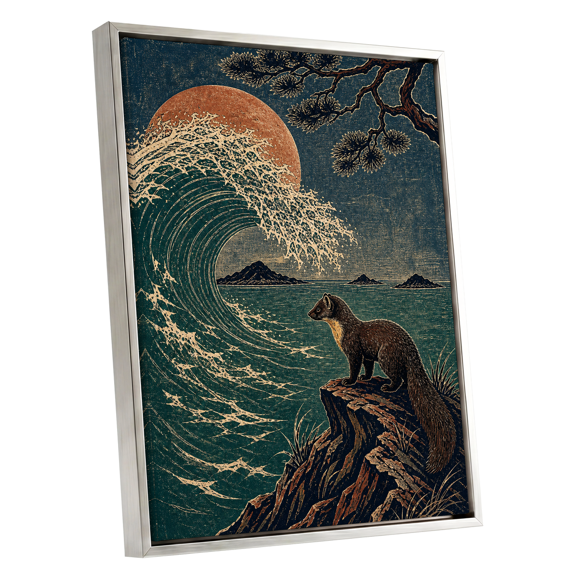The Wave Watcher, blue, green, beige nature wall art shown as a silver framed canvas wall art