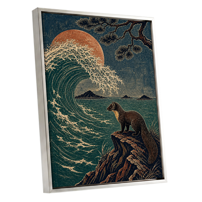 The Wave Watcher, blue, green, beige nature wall art shown as a silver framed canvas wall art