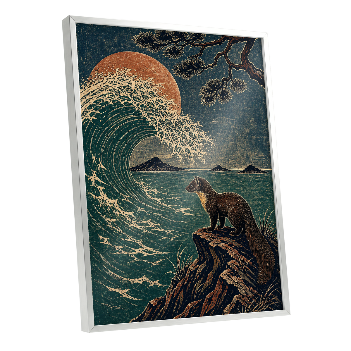 The Wave Watcher, blue, green, beige nature wall art shown as a silver framed poster wall art print