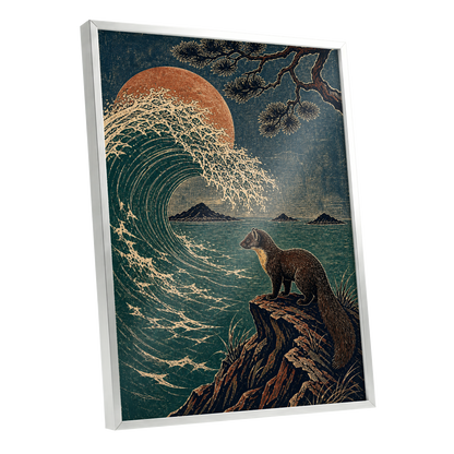 The Wave Watcher, blue, green, beige nature wall art shown as a silver framed poster wall art print