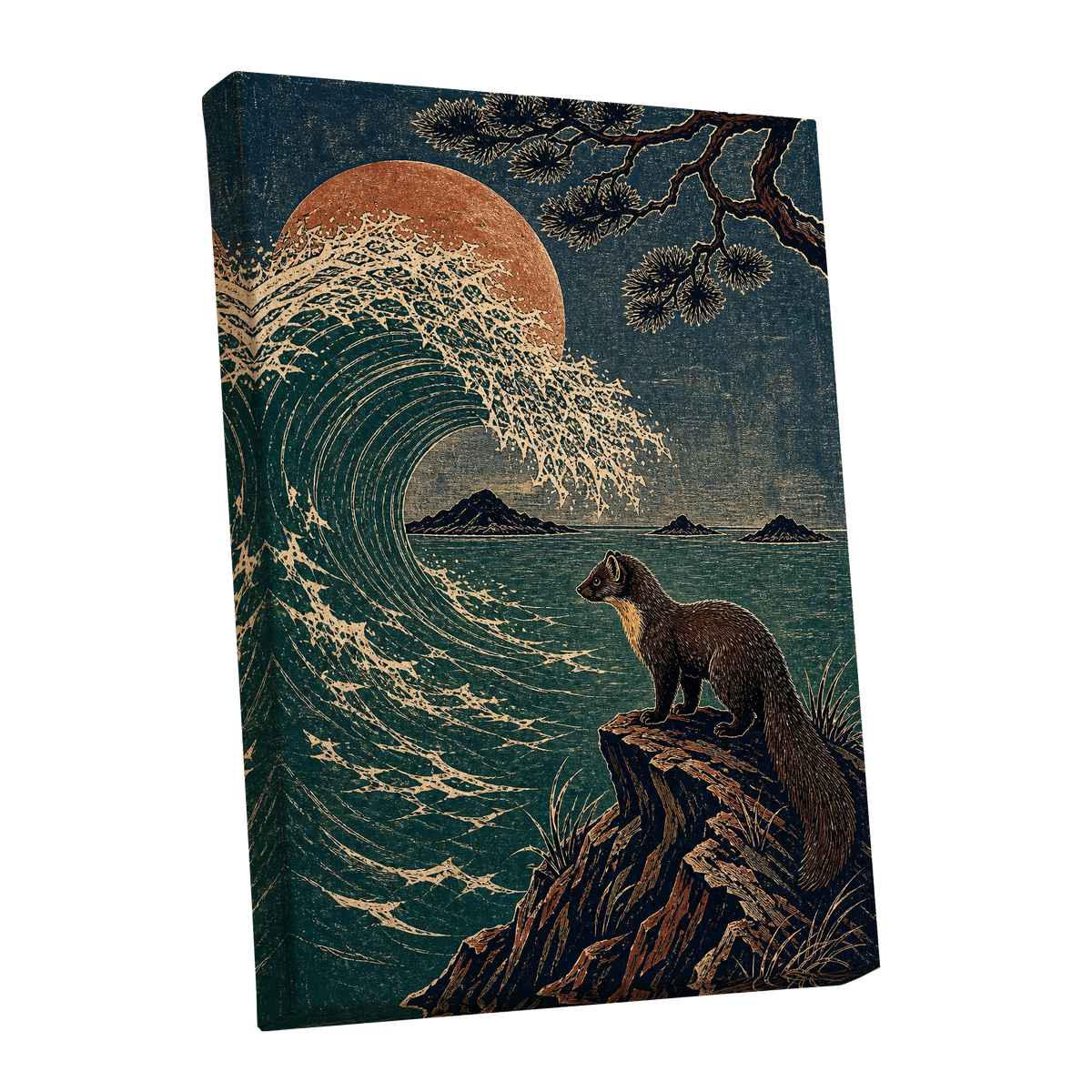 The Wave Watcher, blue, green, beige nature wall art shown as a stretched canvas wall art