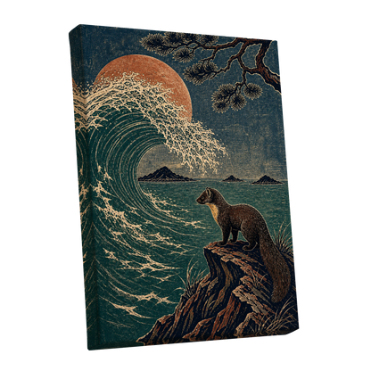 The Wave Watcher, blue, green, beige nature wall art shown as a stretched canvas wall art