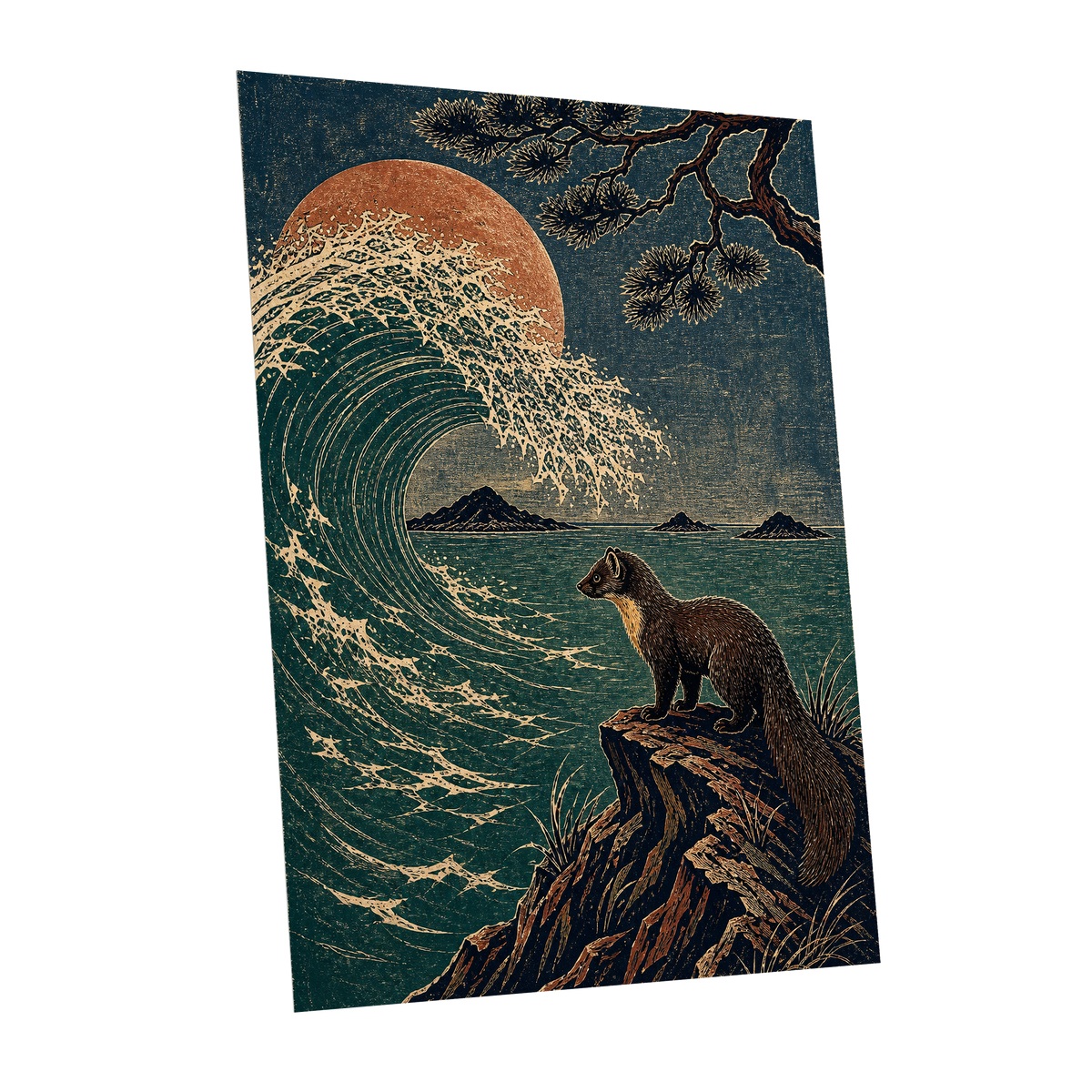 The Wave Watcher, blue, green, beige nature wall art shown as a unframed poster wall art print