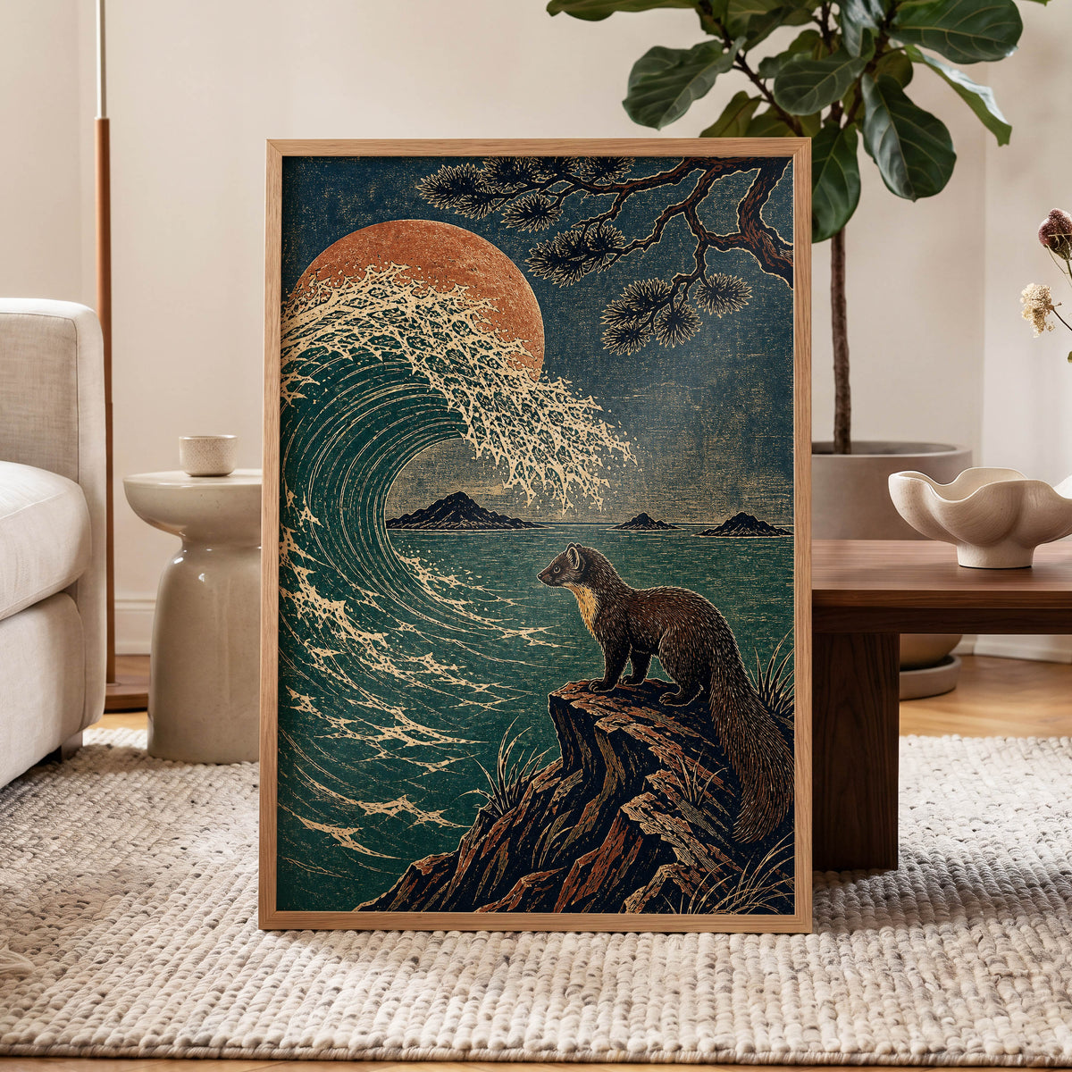 The Wave Watcher, blue, green, beige nature wall art displayed in a styled interior, gallery view 2