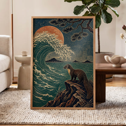 The Wave Watcher, blue, green, beige nature wall art displayed in a styled interior, gallery view 2