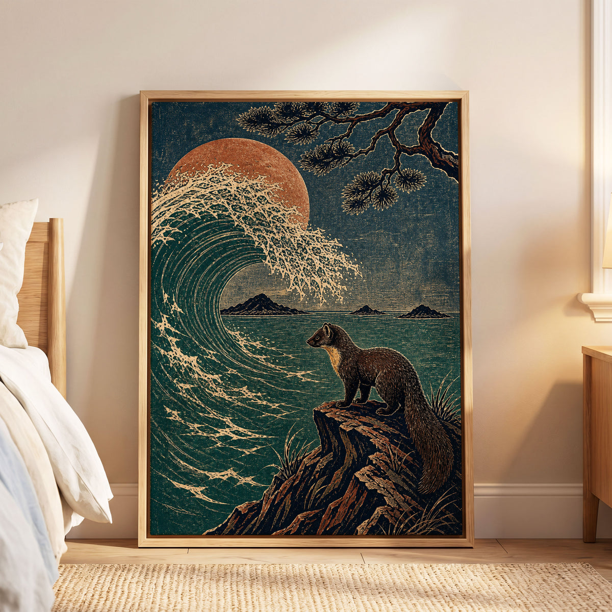 The Wave Watcher, blue, green, beige nature wall art displayed in a styled interior, gallery view 4