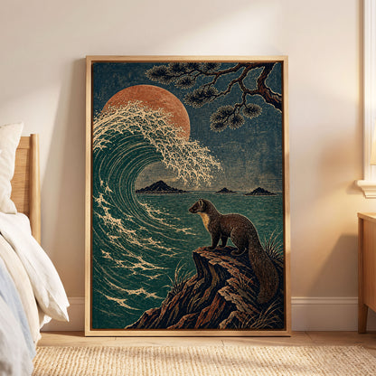 The Wave Watcher, blue, green, beige nature wall art displayed in a styled interior, gallery view 4