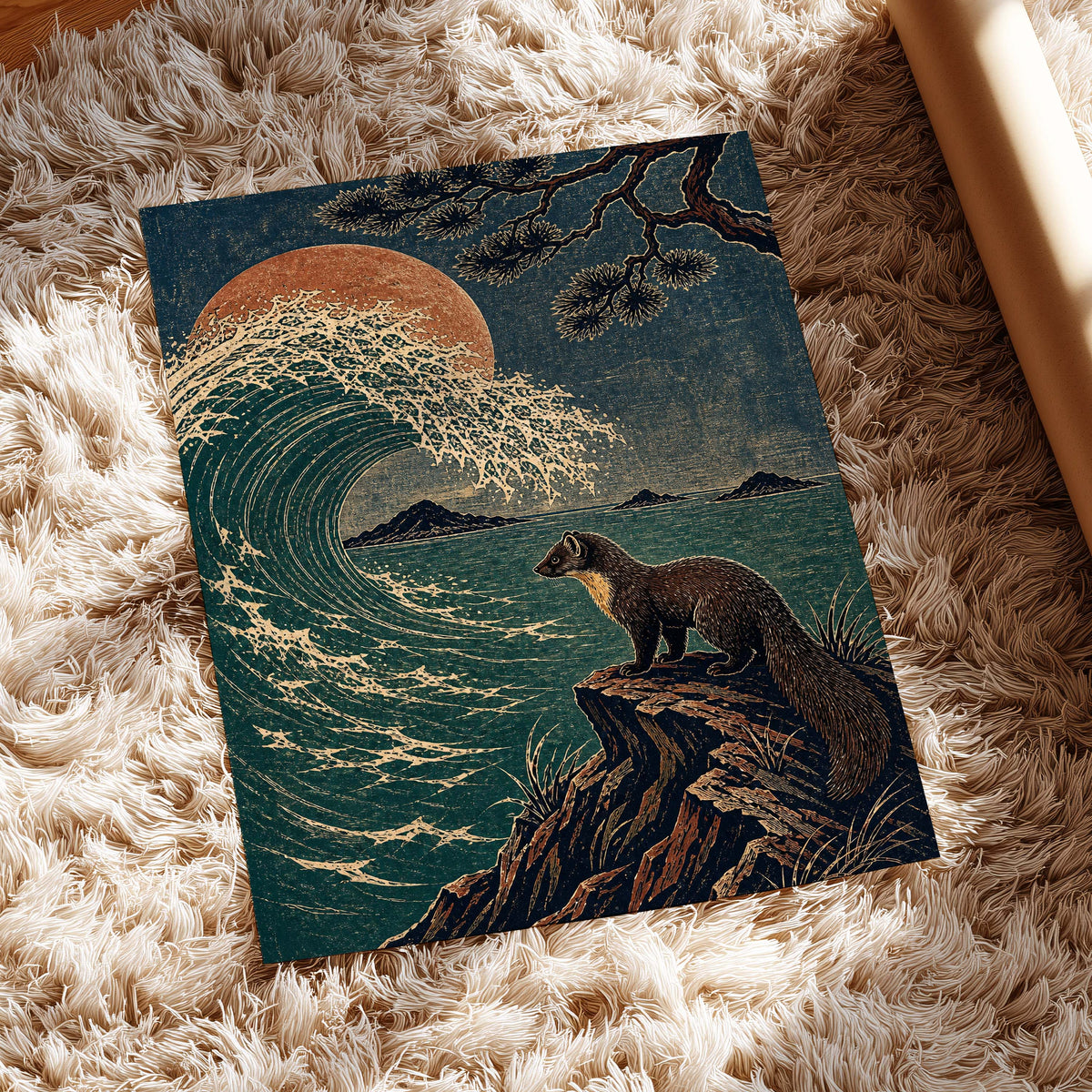 The Wave Watcher, blue, green, beige nature wall art displayed in a styled interior, gallery view 5