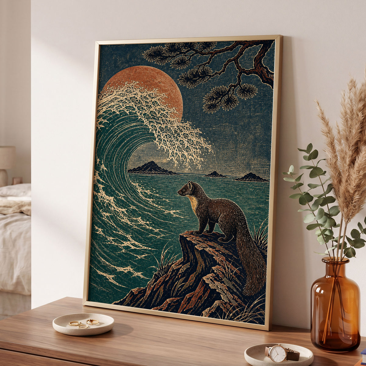 The Wave Watcher, blue, green, beige nature wall art displayed in a styled interior, gallery view 6