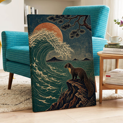 The Wave Watcher, blue, green, beige nature wall art displayed in a styled interior, gallery view 7