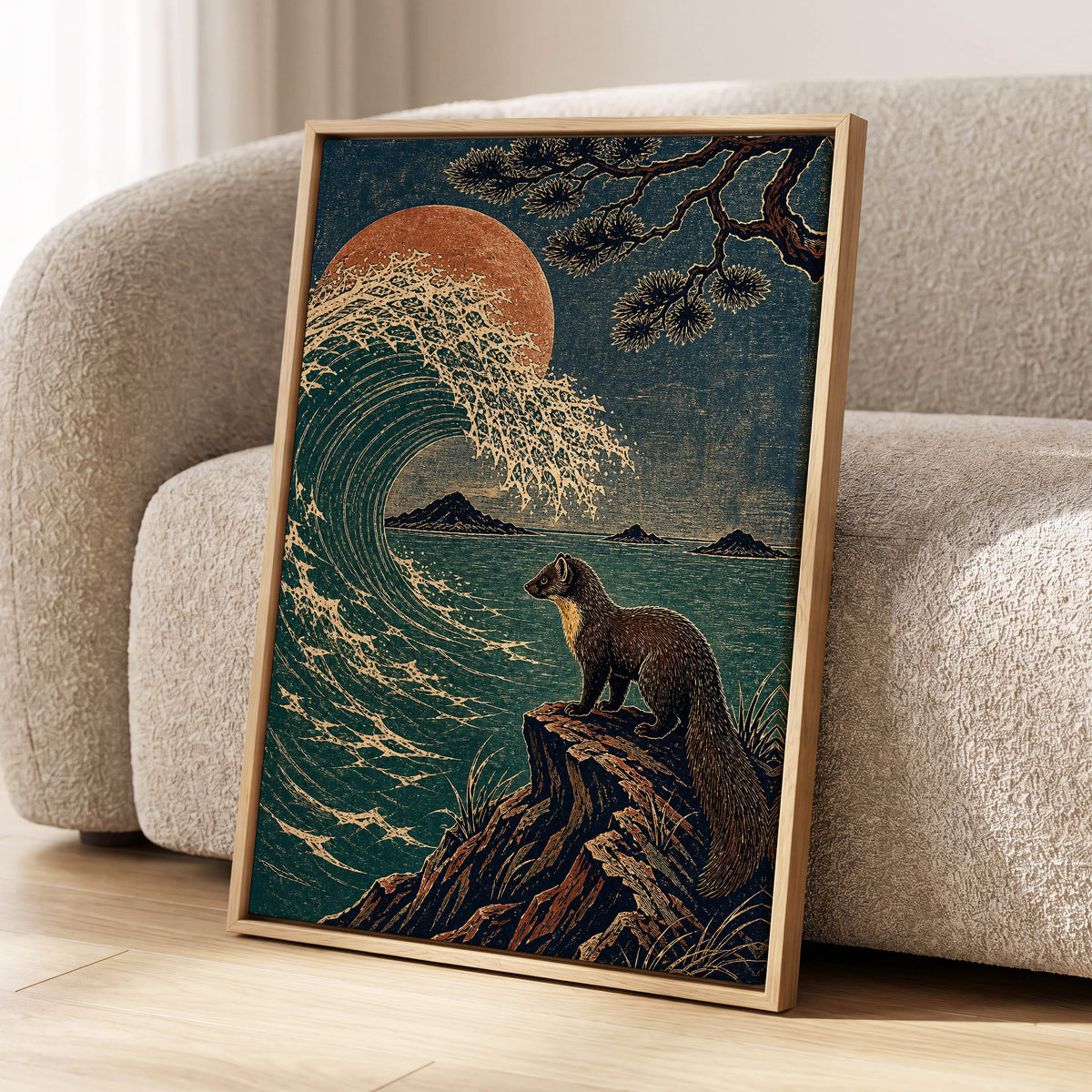 The Wave Watcher, blue, green, beige nature wall art displayed in a styled interior, gallery view 8