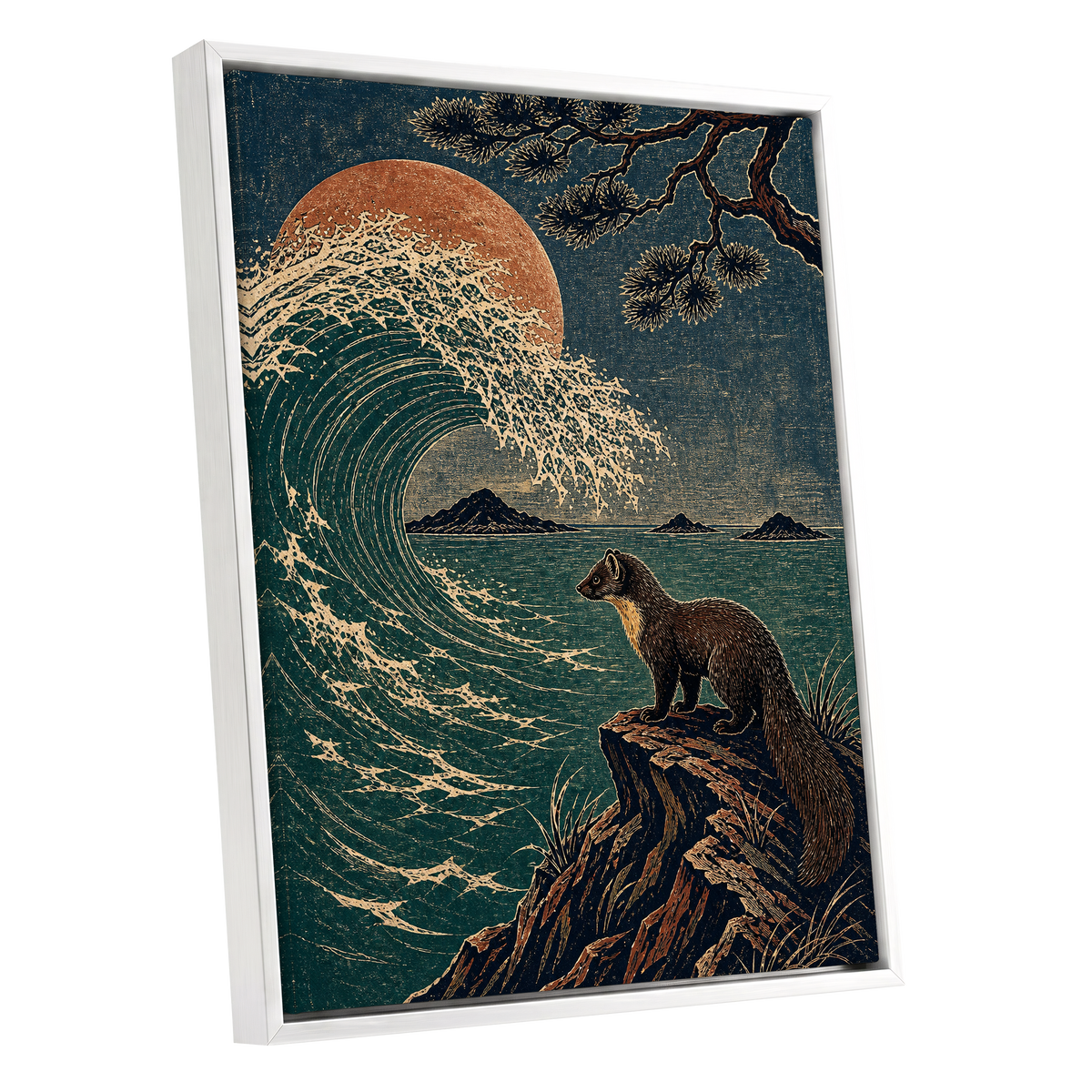 The Wave Watcher, blue, green, beige nature wall art shown as a white framed canvas wall art