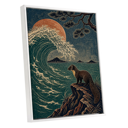 The Wave Watcher, blue, green, beige nature wall art shown as a white framed canvas wall art