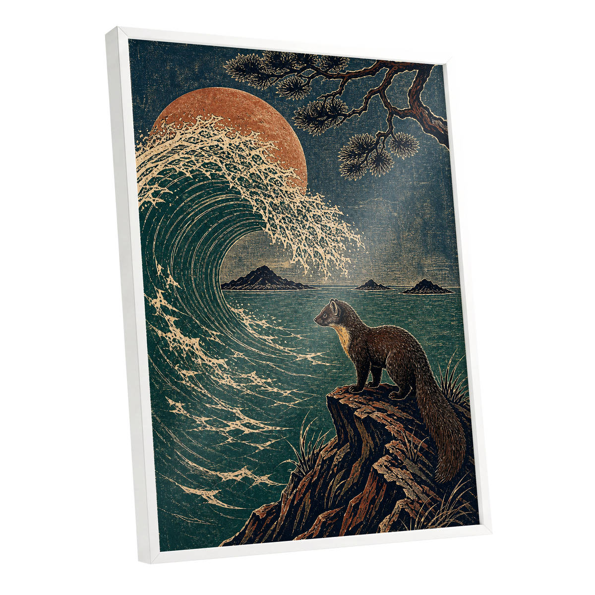The Wave Watcher, blue, green, beige nature wall art shown as a white framed poster wall art print