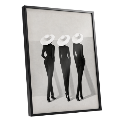The White Hat Trio, black, white, gray minimalist wall art shown as a black framed poster wall art print
