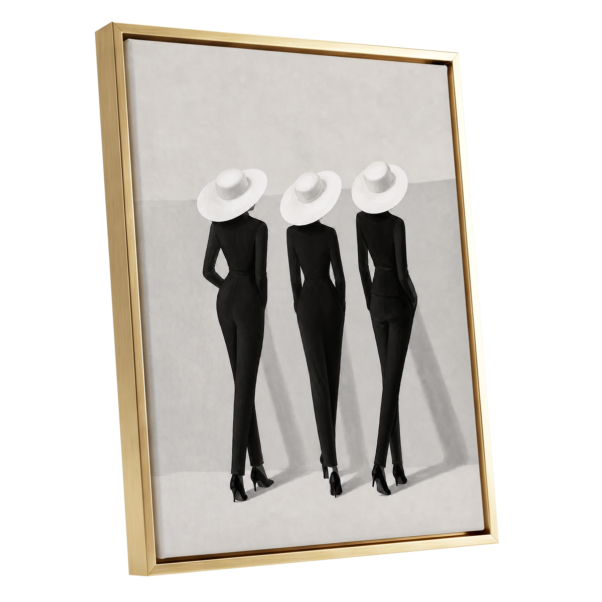 The White Hat Trio, black, white, gray minimalist wall art shown as a gold framed canvas wall art