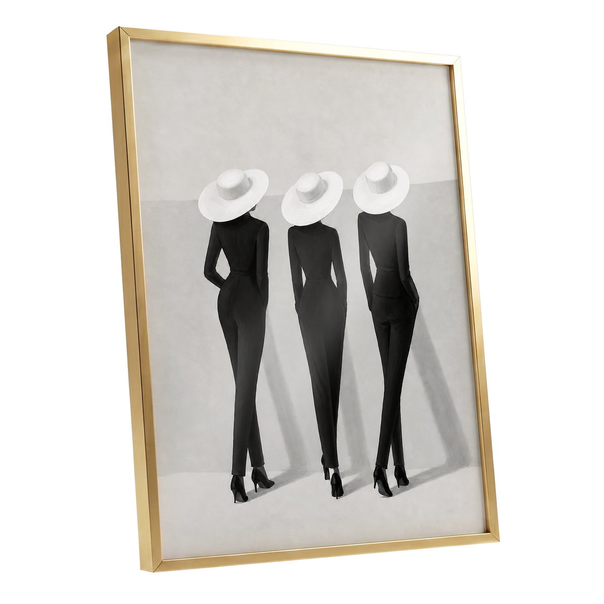 The White Hat Trio, black, white, gray minimalist wall art shown as a gold framed poster wall art print