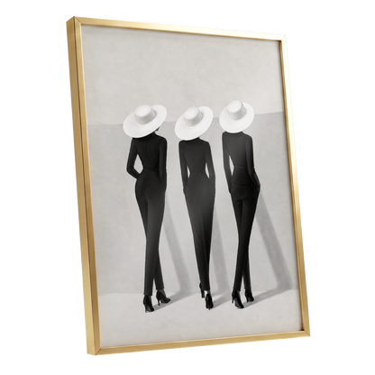The White Hat Trio, black, white, gray minimalist wall art shown as a gold framed poster wall art print