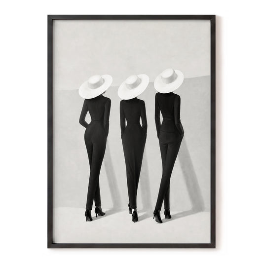The White Hat Trio, black, white, gray minimalist wall art, front artwork view