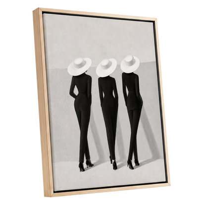 The White Hat Trio, black, white, gray minimalist wall art shown as a oak framed canvas wall art