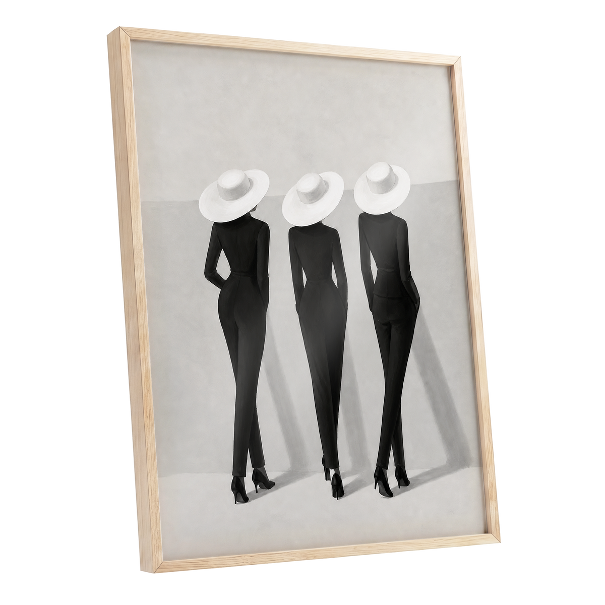 The White Hat Trio, black, white, gray minimalist wall art shown as a oak framed poster wall art print