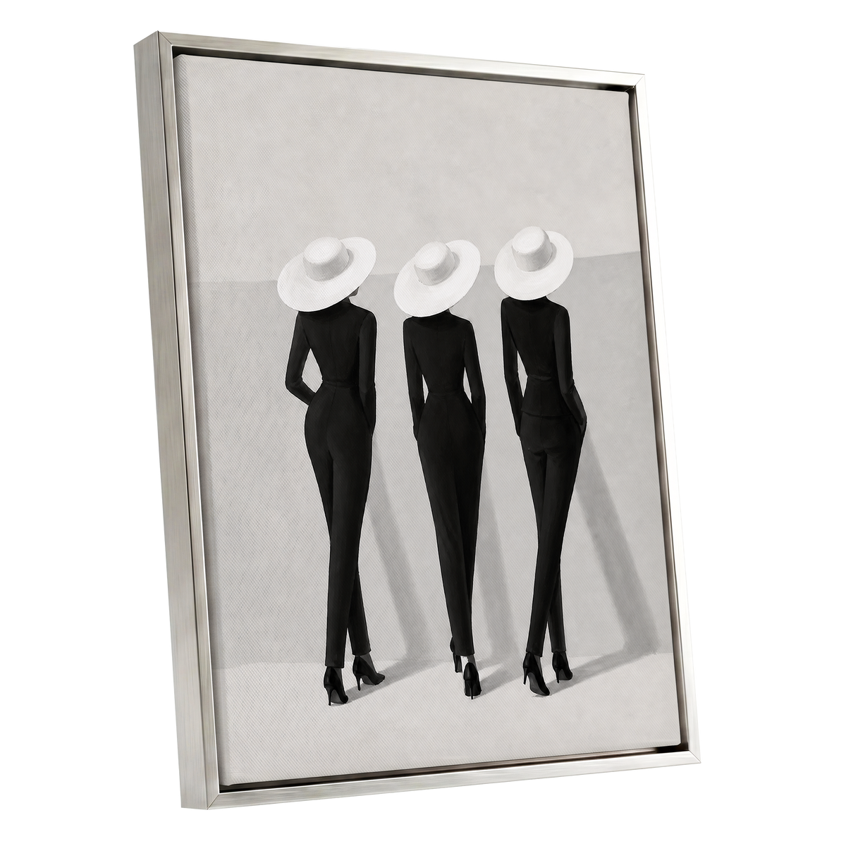 The White Hat Trio, black, white, gray minimalist wall art shown as a silver framed canvas wall art