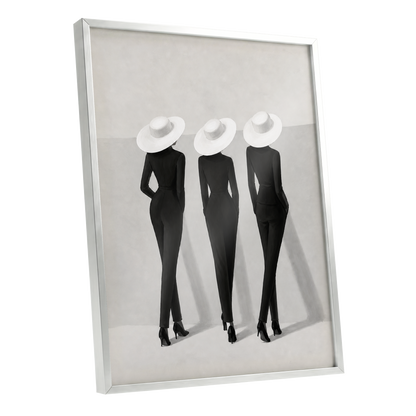The White Hat Trio, black, white, gray minimalist wall art shown as a silver framed poster wall art print