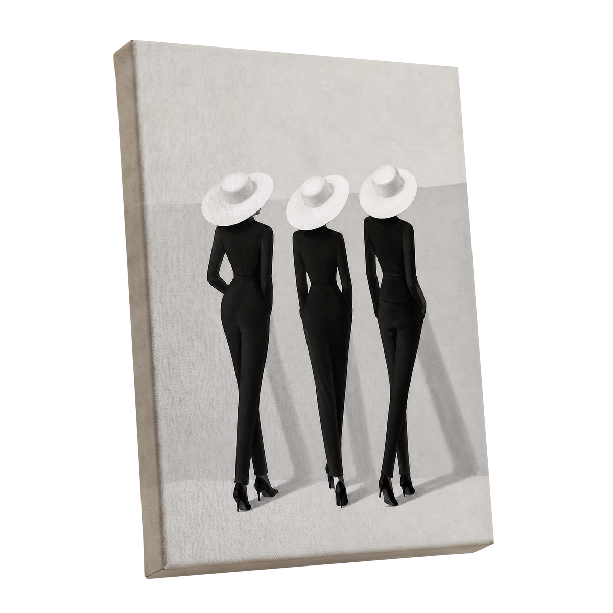 The White Hat Trio, black, white, gray minimalist wall art shown as a stretched canvas wall art