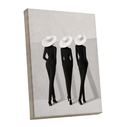 The White Hat Trio, black, white, gray minimalist wall art shown as a stretched canvas wall art