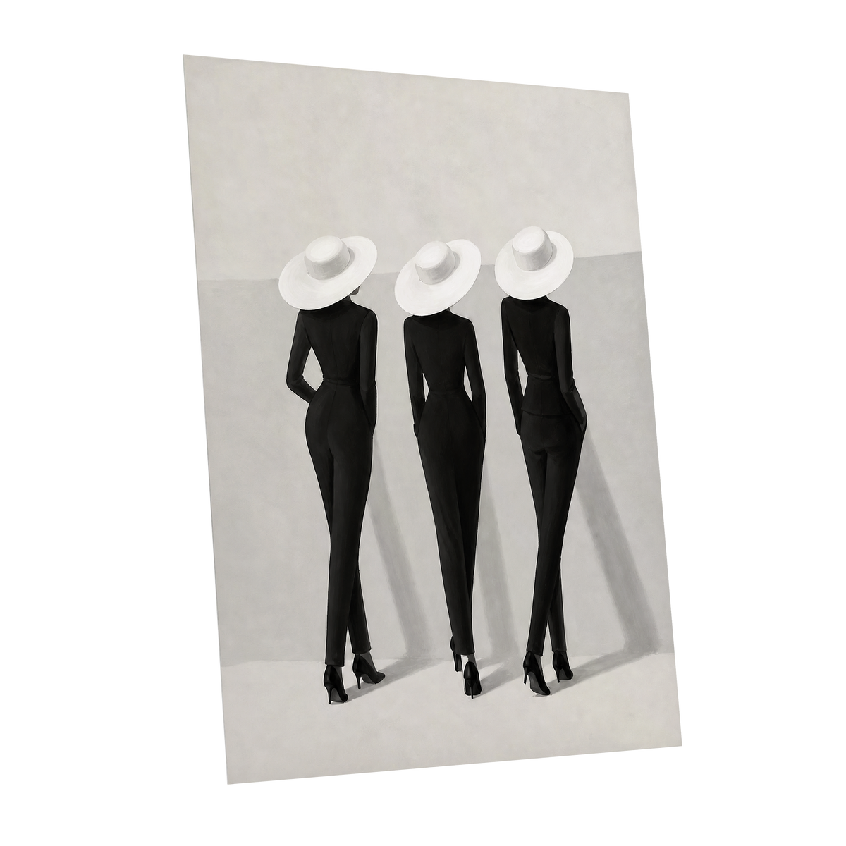 The White Hat Trio, black, white, gray minimalist wall art shown as a unframed poster wall art print