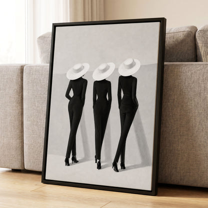 The White Hat Trio, black, white, gray minimalist wall art displayed in a styled interior, gallery view 4