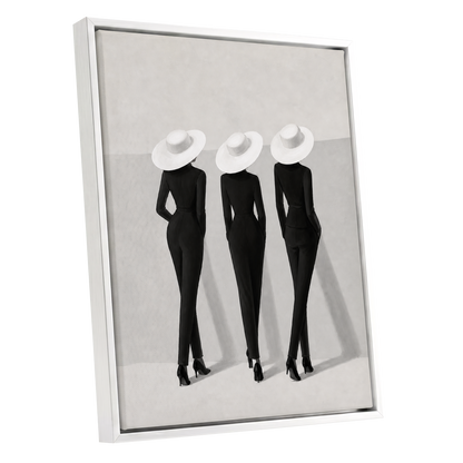 The White Hat Trio, black, white, gray minimalist wall art shown as a white framed canvas wall art