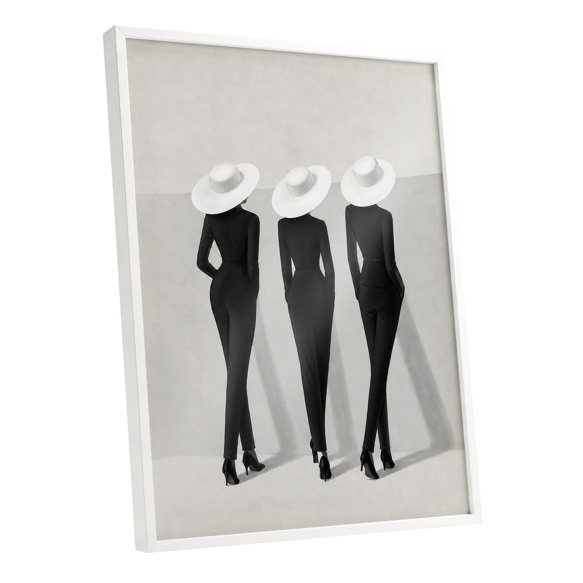 The White Hat Trio, black, white, gray minimalist wall art shown as a white framed poster wall art print