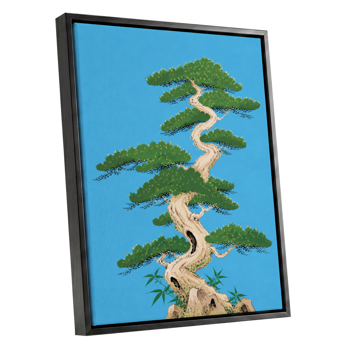 The Winding Pine, blue, green, beige nature wall art shown as a black framed canvas wall art