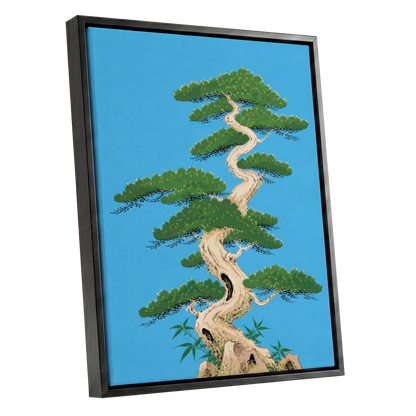 The Winding Pine, blue, green, beige nature wall art shown as a black framed canvas wall art