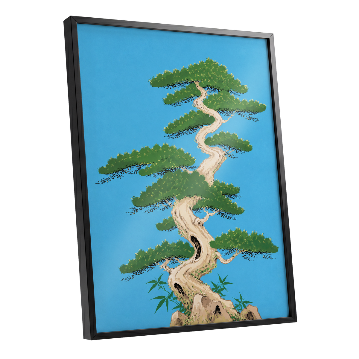 The Winding Pine, blue, green, beige nature wall art shown as a black framed poster wall art print
