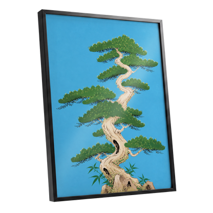 The Winding Pine, blue, green, beige nature wall art shown as a black framed poster wall art print