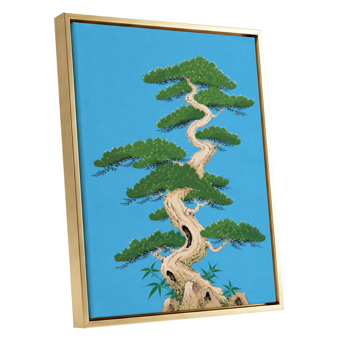The Winding Pine, blue, green, beige nature wall art shown as a gold framed canvas wall art