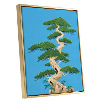 The Winding Pine, blue, green, beige nature wall art shown as a gold framed canvas wall art