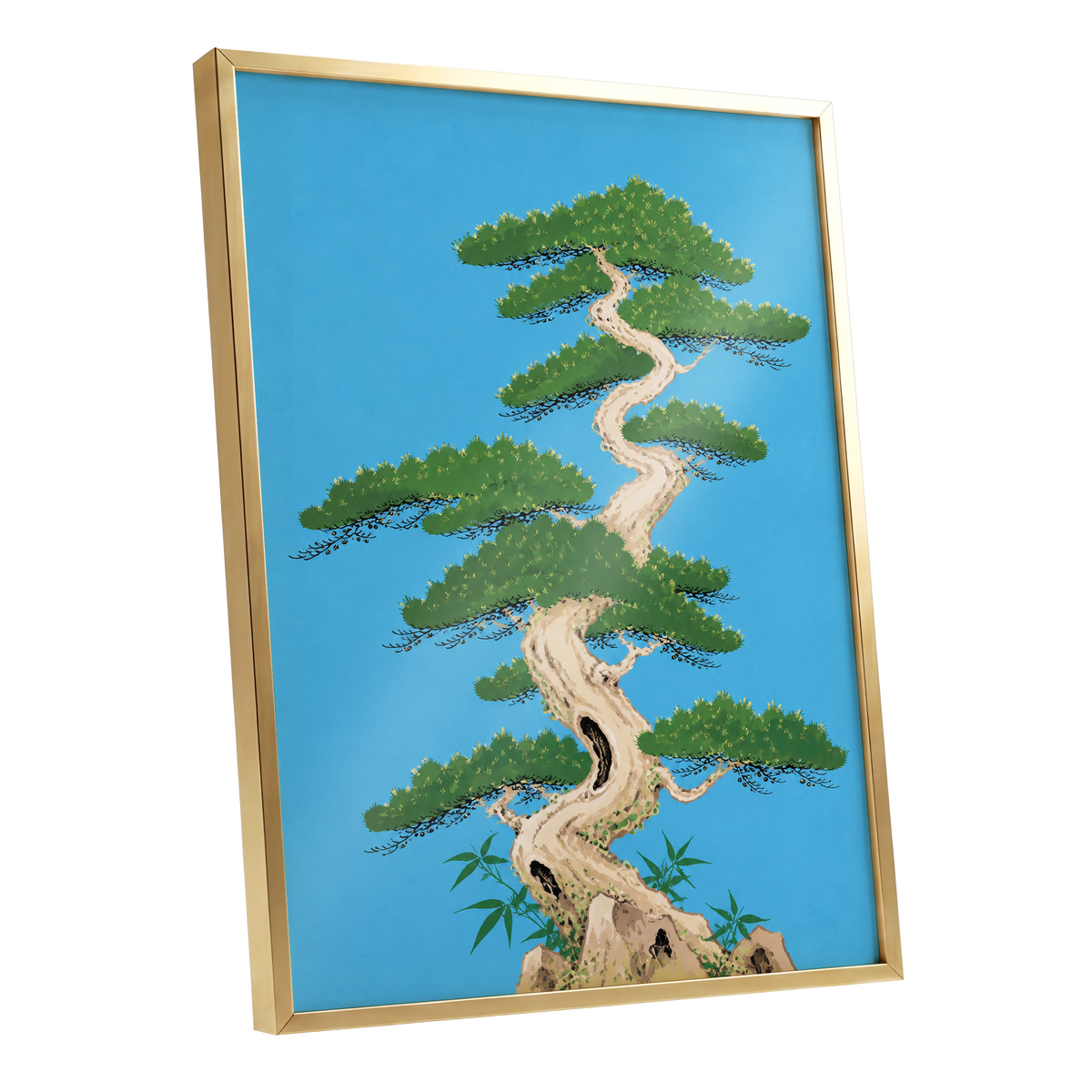 The Winding Pine, blue, green, beige nature wall art shown as a gold framed poster wall art print