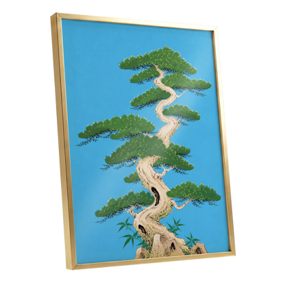 The Winding Pine, blue, green, beige nature wall art shown as a gold framed poster wall art print