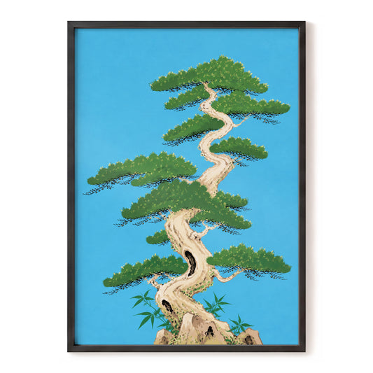 The Winding Pine, blue, green, beige nature wall art, front artwork view