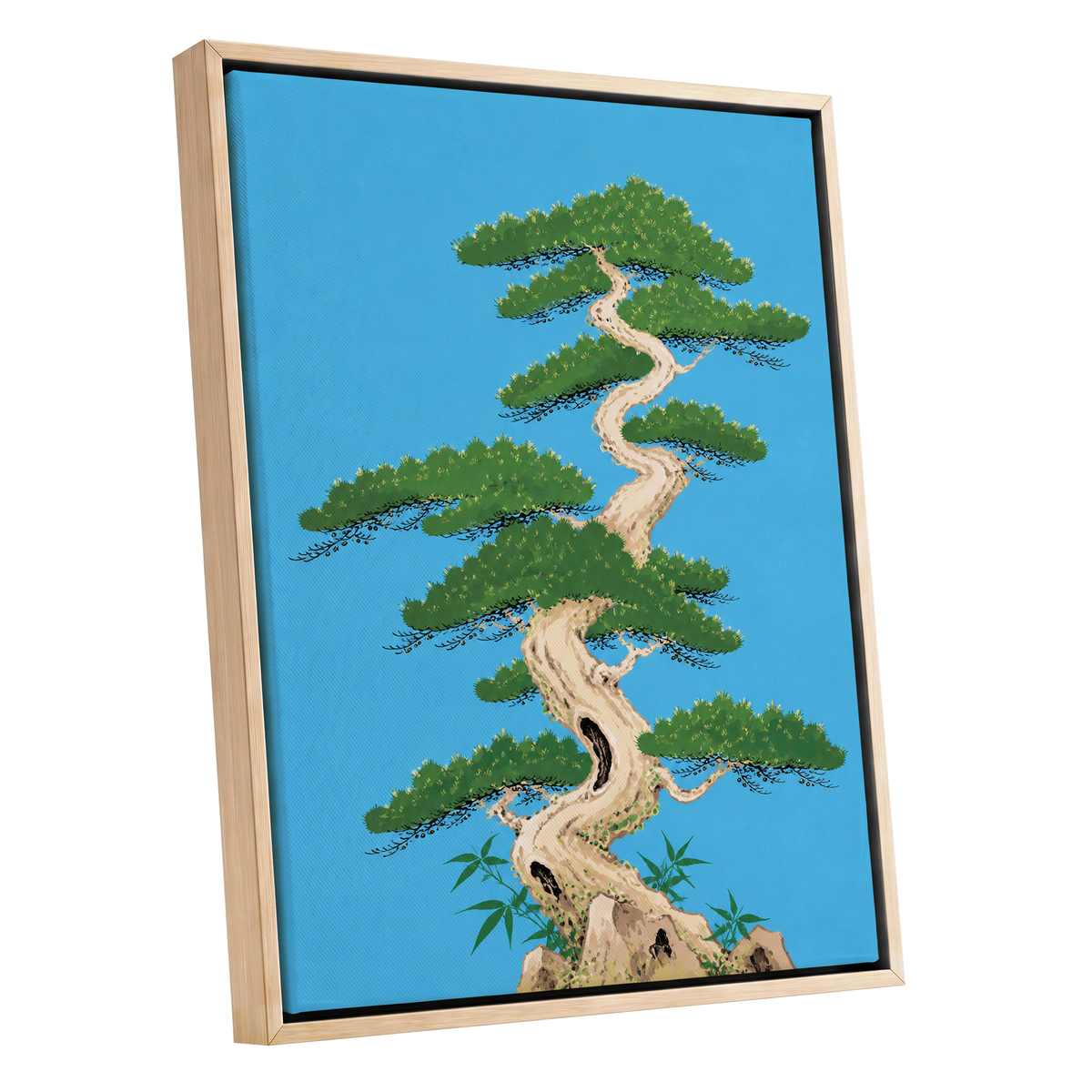 The Winding Pine, blue, green, beige nature wall art shown as a oak framed canvas wall art