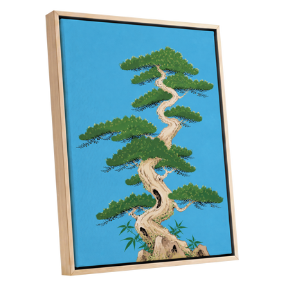 The Winding Pine, blue, green, beige nature wall art shown as a oak framed canvas wall art