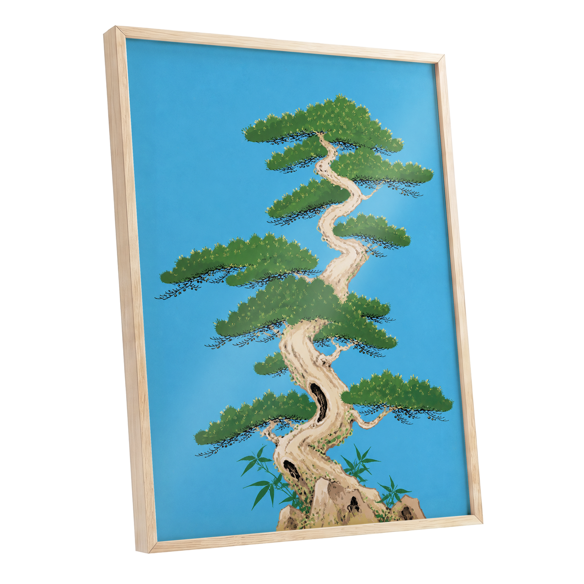 The Winding Pine, blue, green, beige nature wall art shown as a oak framed poster wall art print