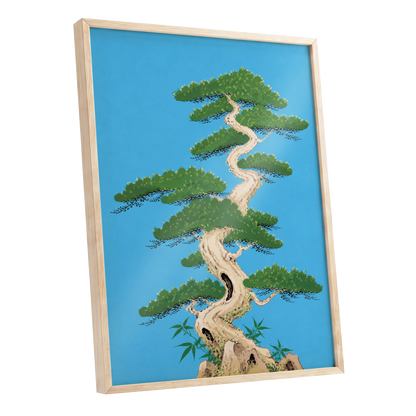 The Winding Pine, blue, green, beige nature wall art shown as a oak framed poster wall art print