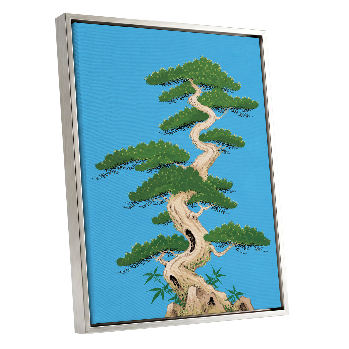 The Winding Pine, blue, green, beige nature wall art shown as a silver framed canvas wall art