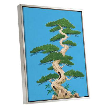 The Winding Pine, blue, green, beige nature wall art shown as a silver framed canvas wall art