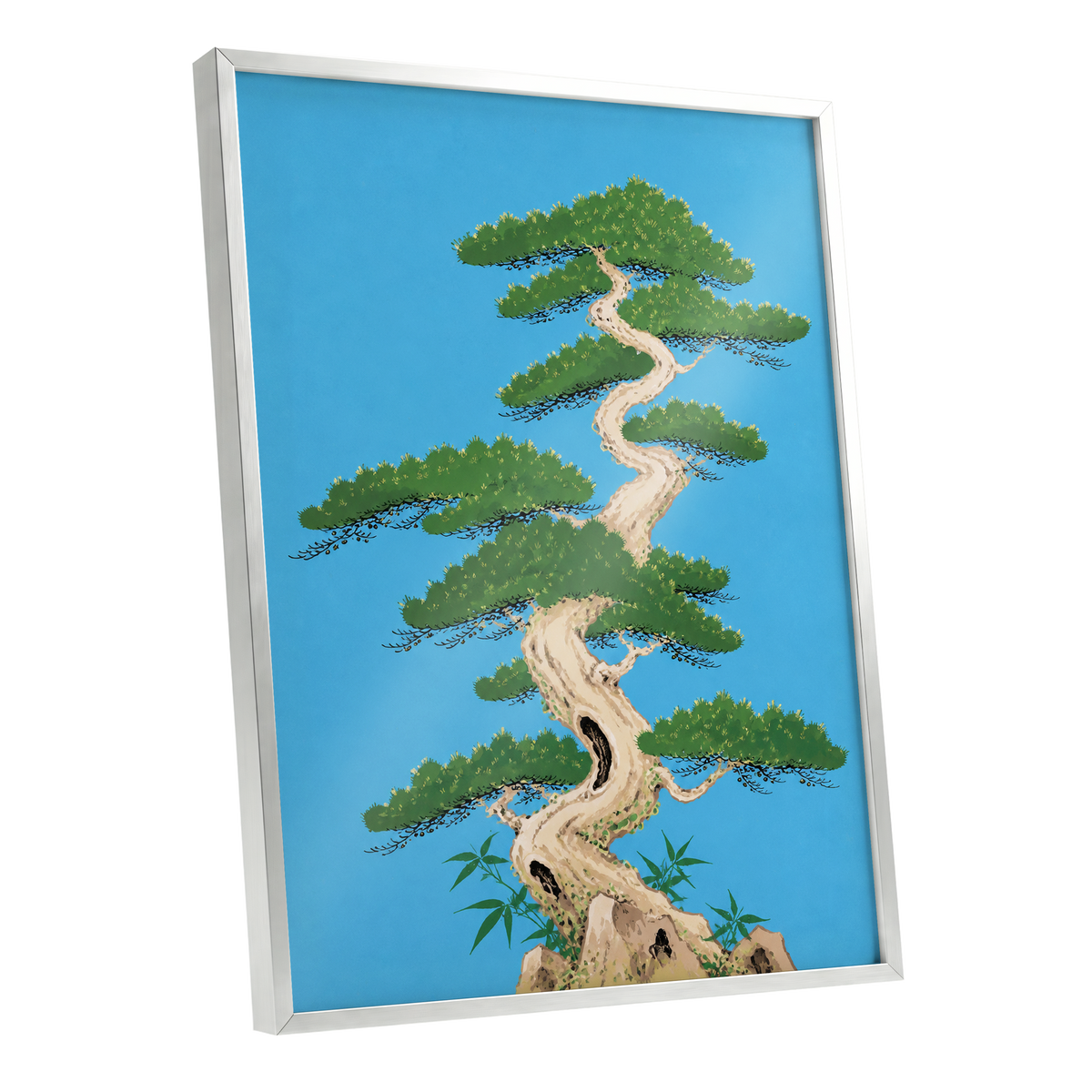 The Winding Pine, blue, green, beige nature wall art shown as a silver framed poster wall art print